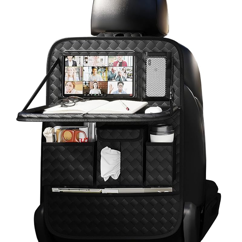 XDV Organizador para Encosto de Banco Automotivo com Bandeja Dobrável, Porta-Tecidos e Bolsos, Woven Black, 1 unidade