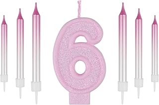 ZHIHUI 7pcs Number Birthday Candles, Pink Number 6 Cake Topper, 6th Birthday Candles, Pink and Cute Shiny Number Happy Birthday Cake Candles for Birthday Party Wedding Anniversary Celebration Supplies