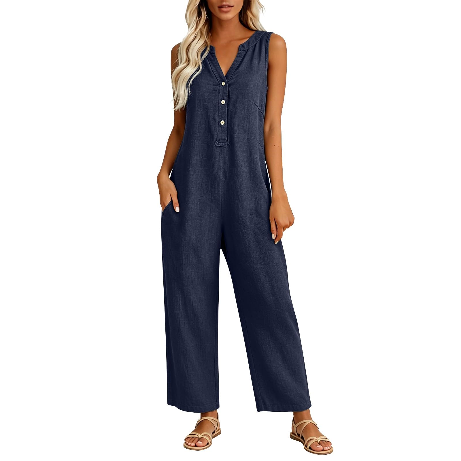 Tuta estiva da donna, in lino, senza maniche, con tasche | Tuta con pantaloni a gamba larga, elegante scollo a V, tuta intera in mussola, casual, per le vacanze