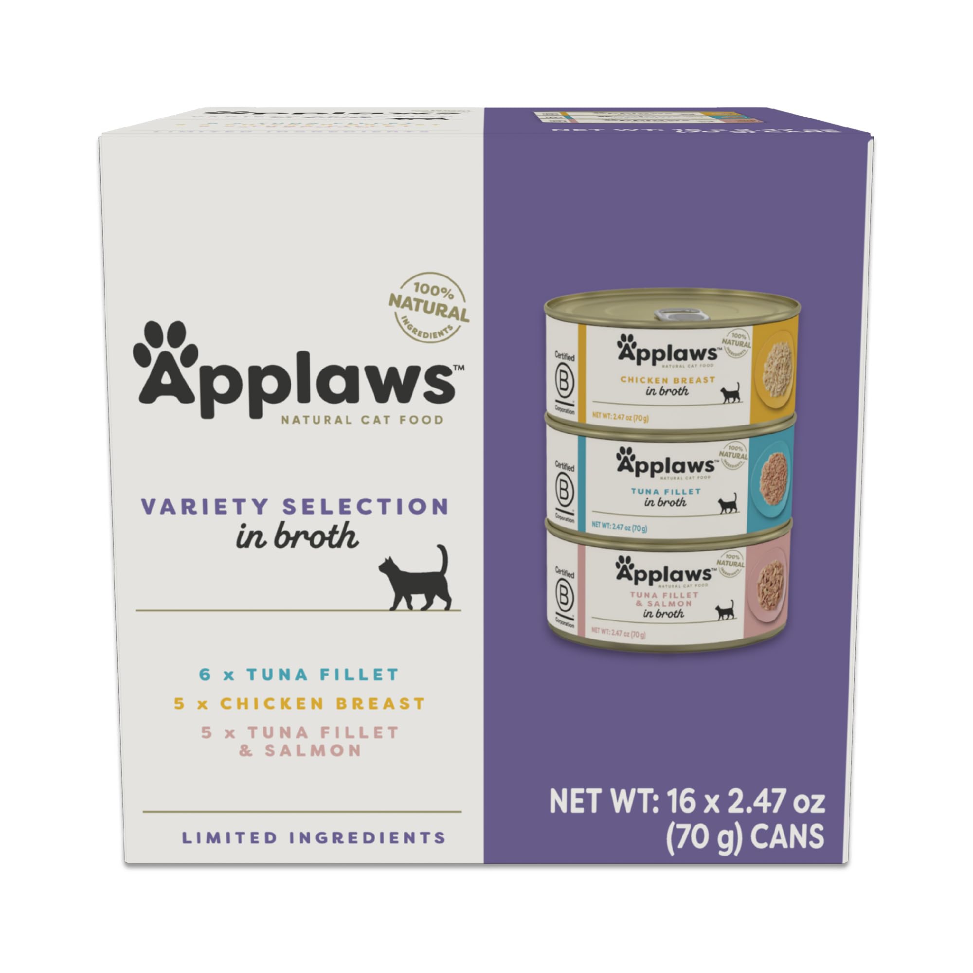 Applaws Natural Wet Canned Cat Food, Limited and Natural Ingredients, High Protein with No Artificial Additives, Variety Pack in Broth (16 x 2.47oz
