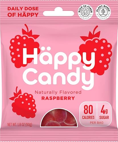 Häppy Candy Vegan Raspberry Gummies, Low Sugar High Fiber Candy Snack, Plant Based Gummy Candy, 1.8 oz Pack - Healthy, Vegan Friendly, 25 x 50g