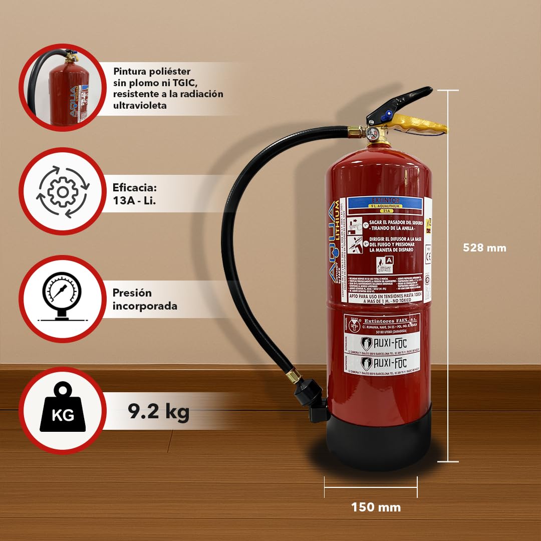 AUXI-FOC | Extintor de Incendios AQUALITHIUM Ion-Litio 6 litros| Especial Para Coches Eléctricos | Extintor Para Coche Seguro Y Eficiente con Alta Tecnología | Ideal Para Hogar Y Vehículo.