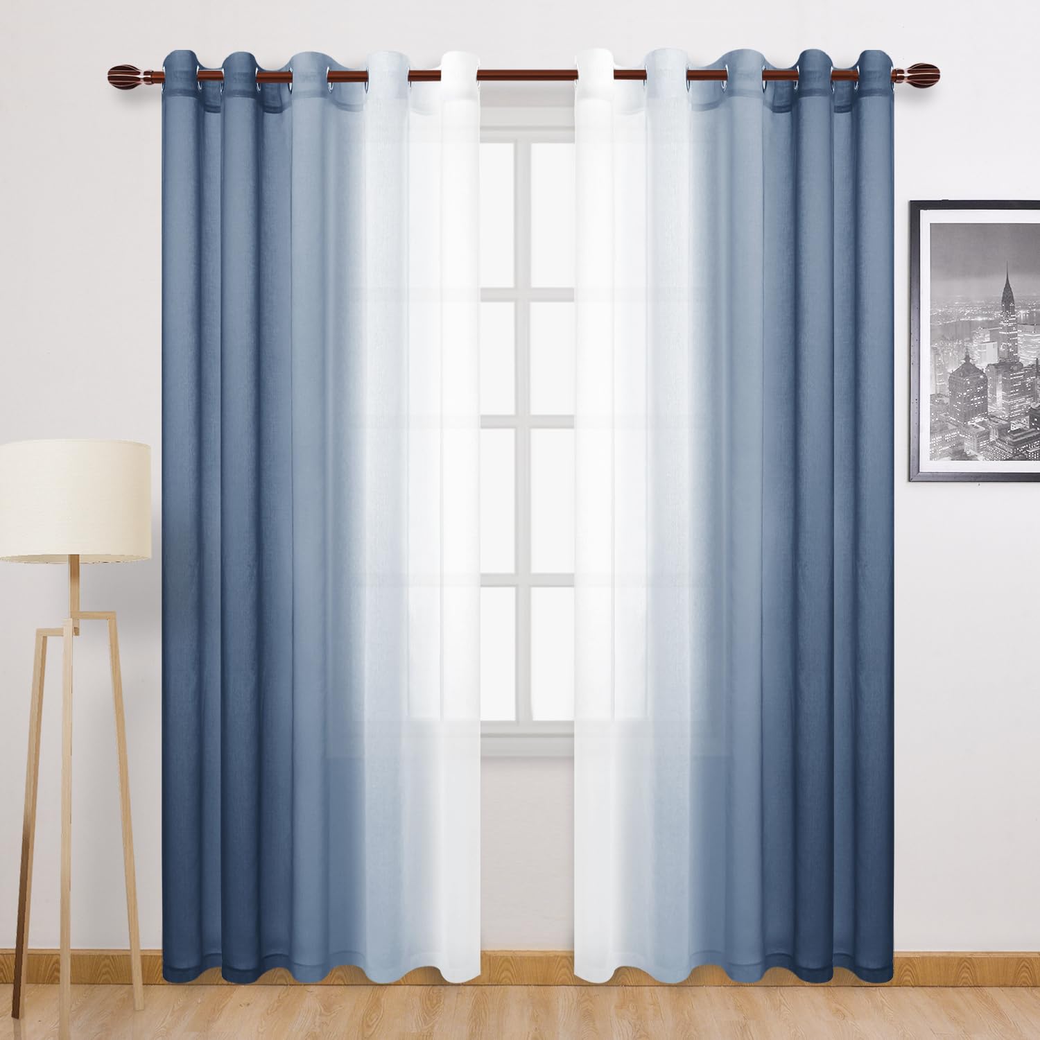 DWCN Blue Ombre Faux Linen Sheer Curtains - Extra Wide Gradient Semi Voile Grommet Top Bedroom and Living Room Curtains, 60 x 84 Inches Long, Set of 2 Window Curtain Panels, Denim Blue โ image 1