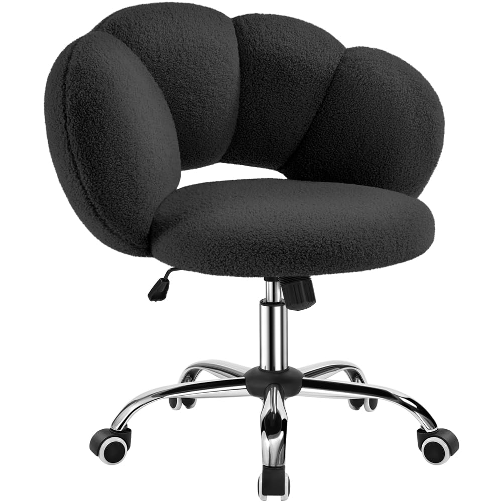 Yaheetech Silla de Escritorio Silla de Oficina Ergonómica sin Brazos Tapizada Blanca con Ruedas Giratorias Respaldo Diseño Nube en Tejido Bouclé Altura Ajustable Negro