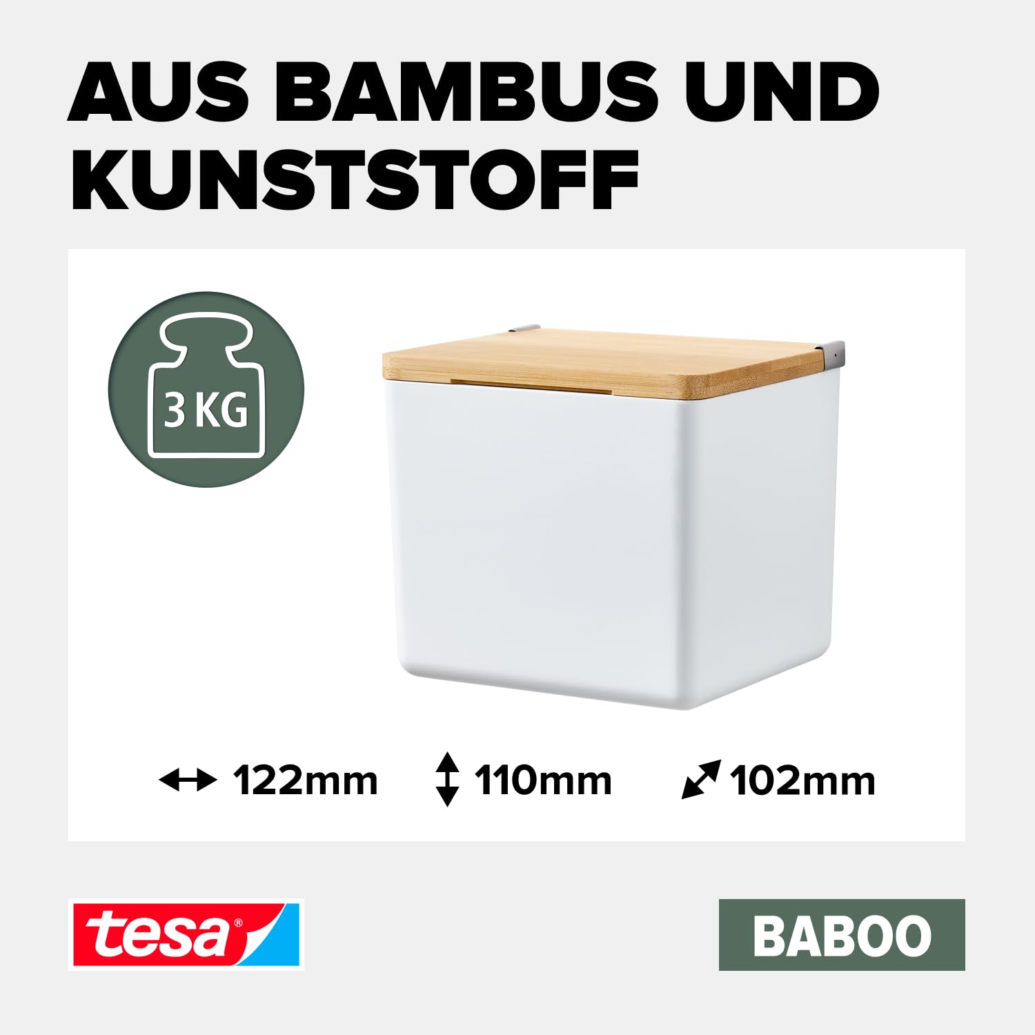 tesa Baboo Badorganizer S mit Bambus-Deckel, matt-weiß - Bad-Aufbewahrungsbox zur Wandmontage ohne Bohren, inkl Powerstrips Waterproof Strips XL - 122 mm x 110 mm x 102 mm