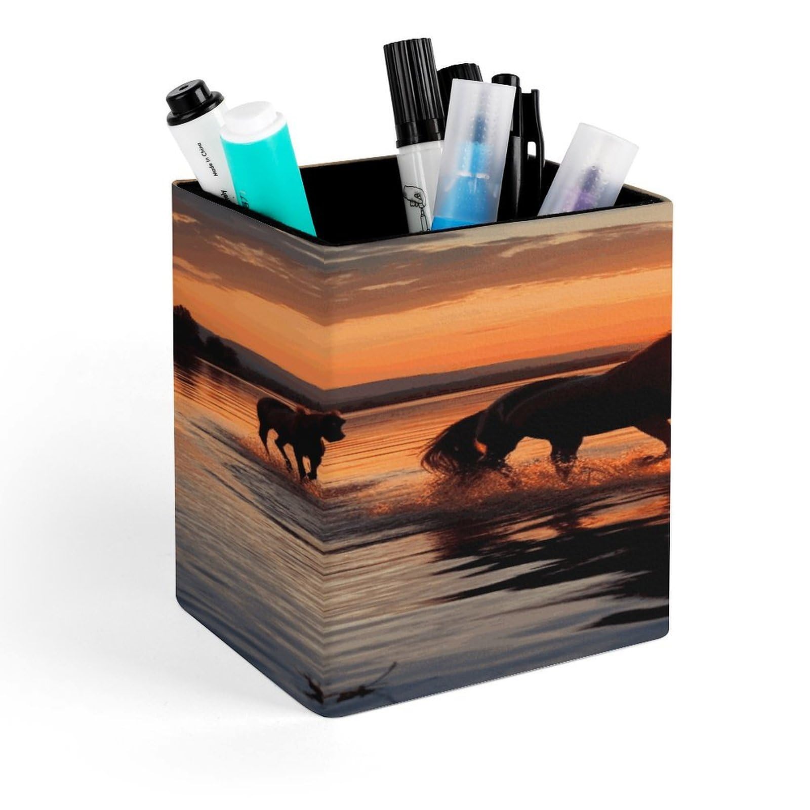 JTREHY Sunsets Lake Horses Pen Holder Square Pen Pencil Holder Makeup Brush Holders Cup PU Leather Pencil Cups Desktop Caddy Stationery Organizer Case Office Accessories Container Box
