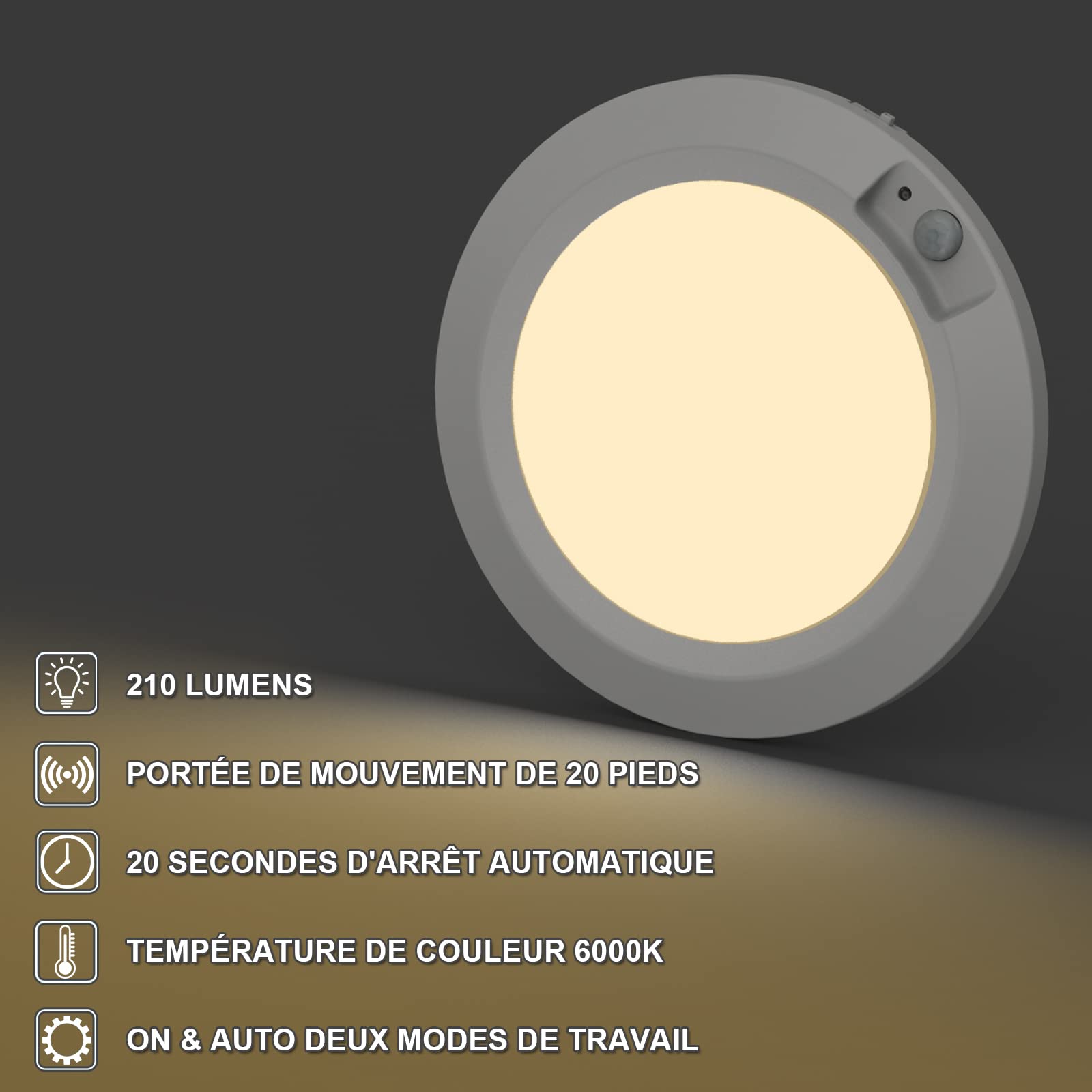Plafonnier LED Alimenté par Batterie Avec Détecteur de Mouvement, 210lm éclairage de Placard à Piles Pour Garde-Manger, Armoire, Salle de Bain, Cage d'escalier – 3000K Blanc Chaud