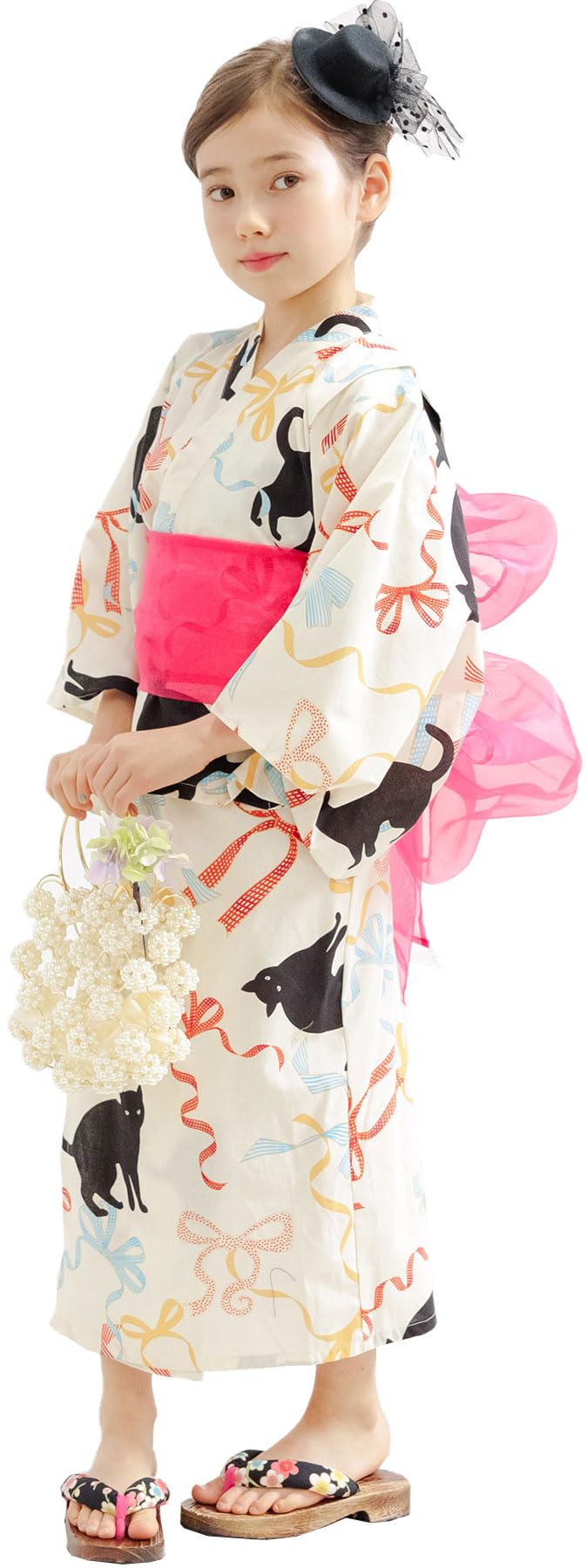 [Bee] ビー 簡単着付け ワンピースにもなる浴衣 3点セット 2WAY セパレート キッズ ガールズ 女の子 夏 saa01400 100cm アイボリー×猫リボン