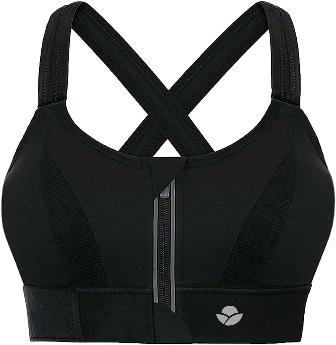 Women High Impact Sports Bra Plus Size Zip Front Fastening Bras Padded Adjustable Strap