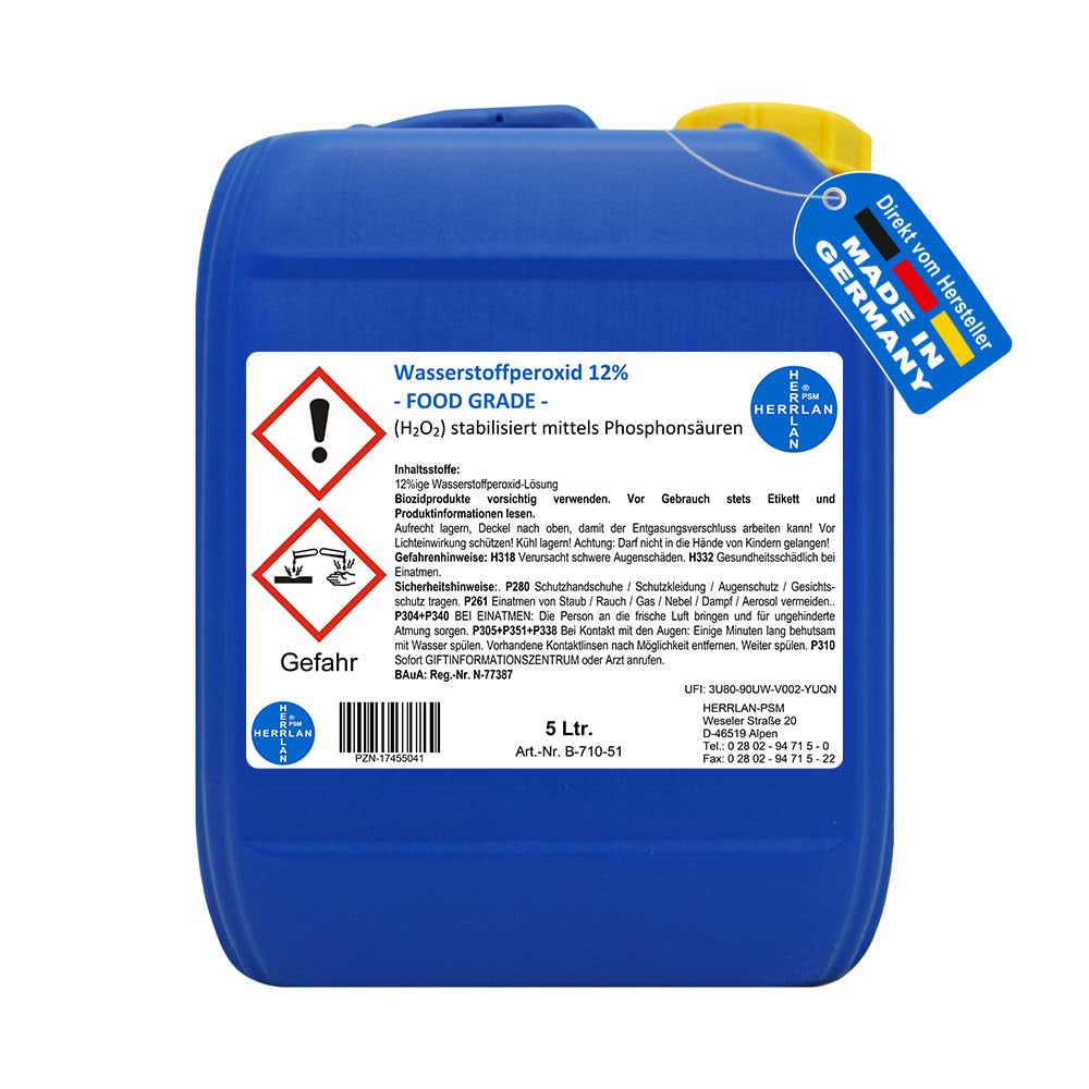 HERRLAN® Wasserstoffperoxid 12% Aktivsauerstoff – 5 Liter Kanister- Stabilisiert - FOOD GRADE Qualität - Wasserpflege & Desinfektion - Klarwasser-Effekt - Made in Germany