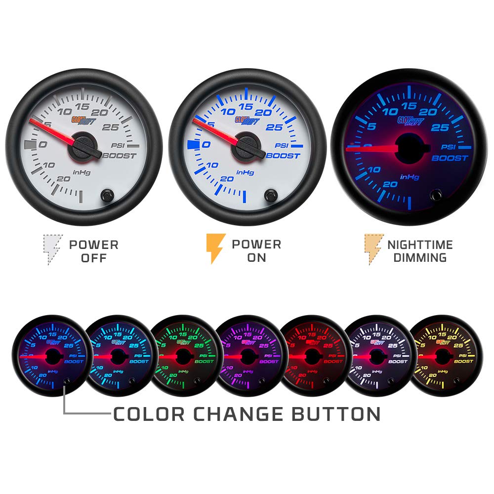 GlowShift White 7 Color 100 PSI Fuel Pressure Gauge Kit Includes