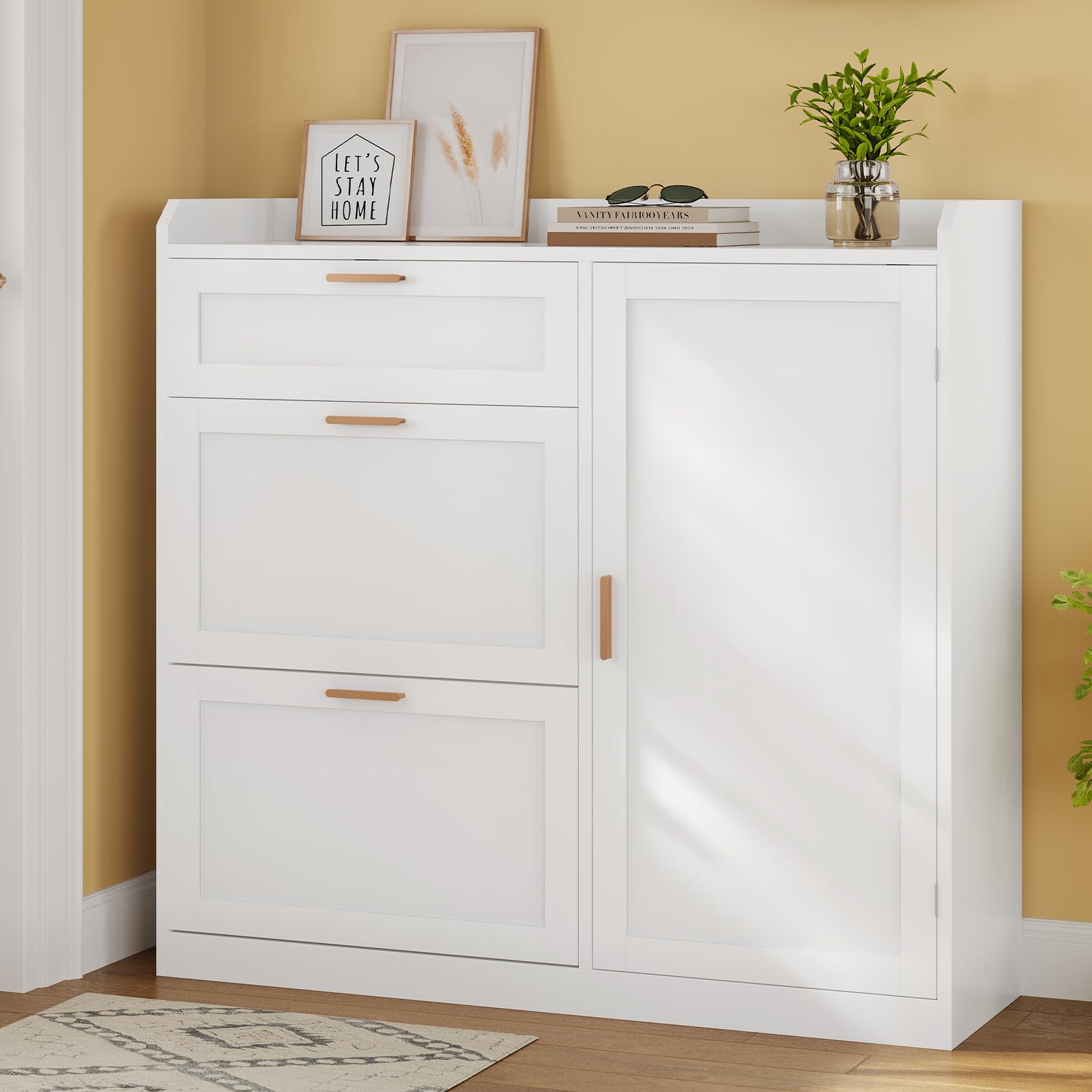KIMENICH Scarpiera con 2 Scomparti a Ribalta, Scarpiera con 1 Cassetti, Mobiletto portaoggetti laterale, Divisorio Regolabile, per 12-15 Paia di Scarpe, Corridoio, Ingresso, 30 x 100 x 104 cm, Bianco