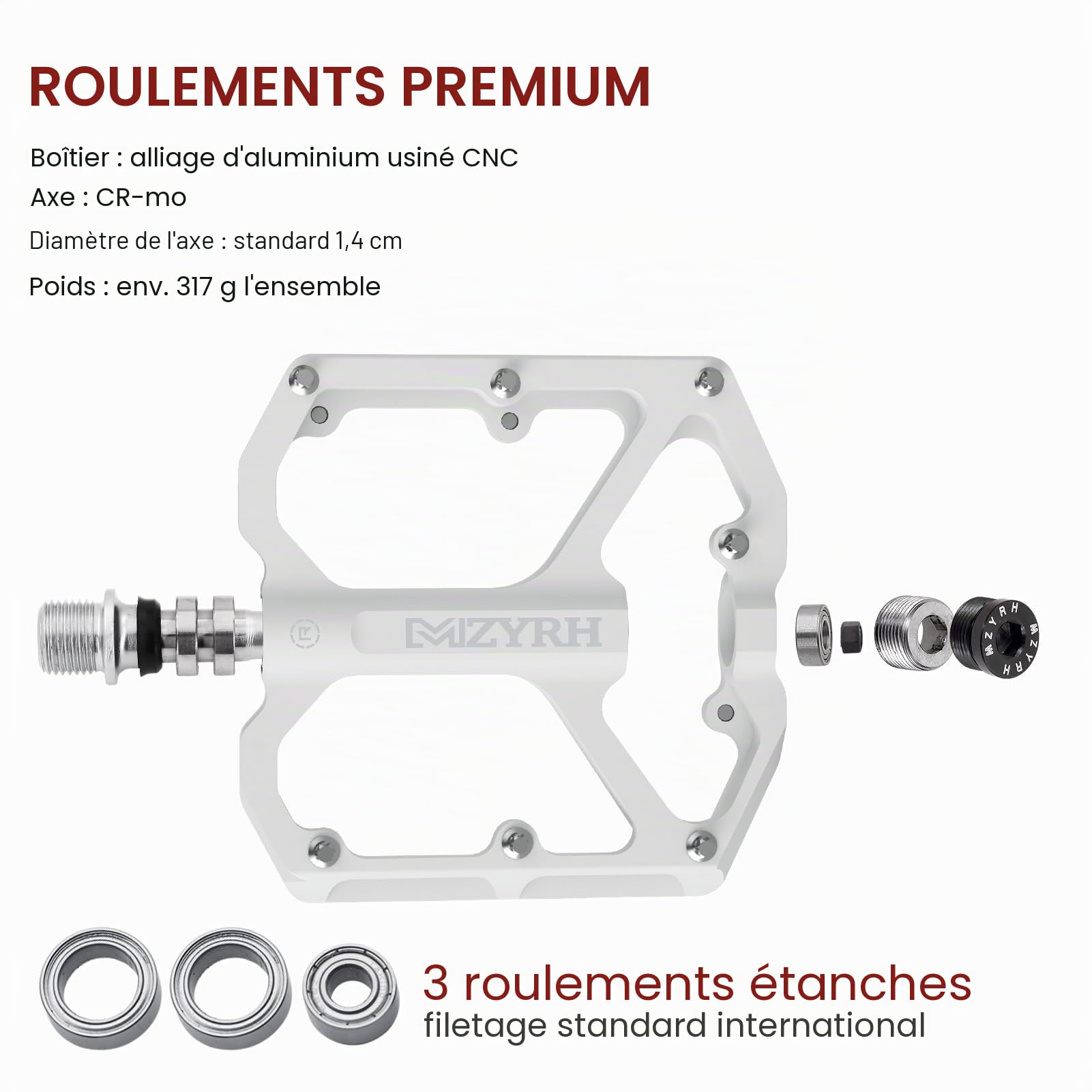 MZYRH Pédales de VTT, 9/16", 3 roulements, antidérapantes et légères, en alliage d'aluminium, pour VTT, vélo de route