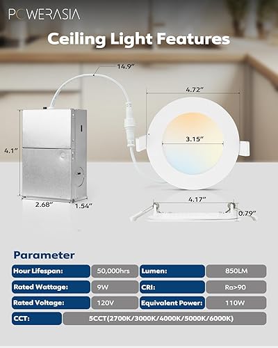 Miniatura 2 de Paquete de 12 luces LED empotrables ultrafinas de 4 pulgadas con caja de conexiones 5CCT regulable 2700K3000K4000K5000K6000K 9W 700lm Can Killer
