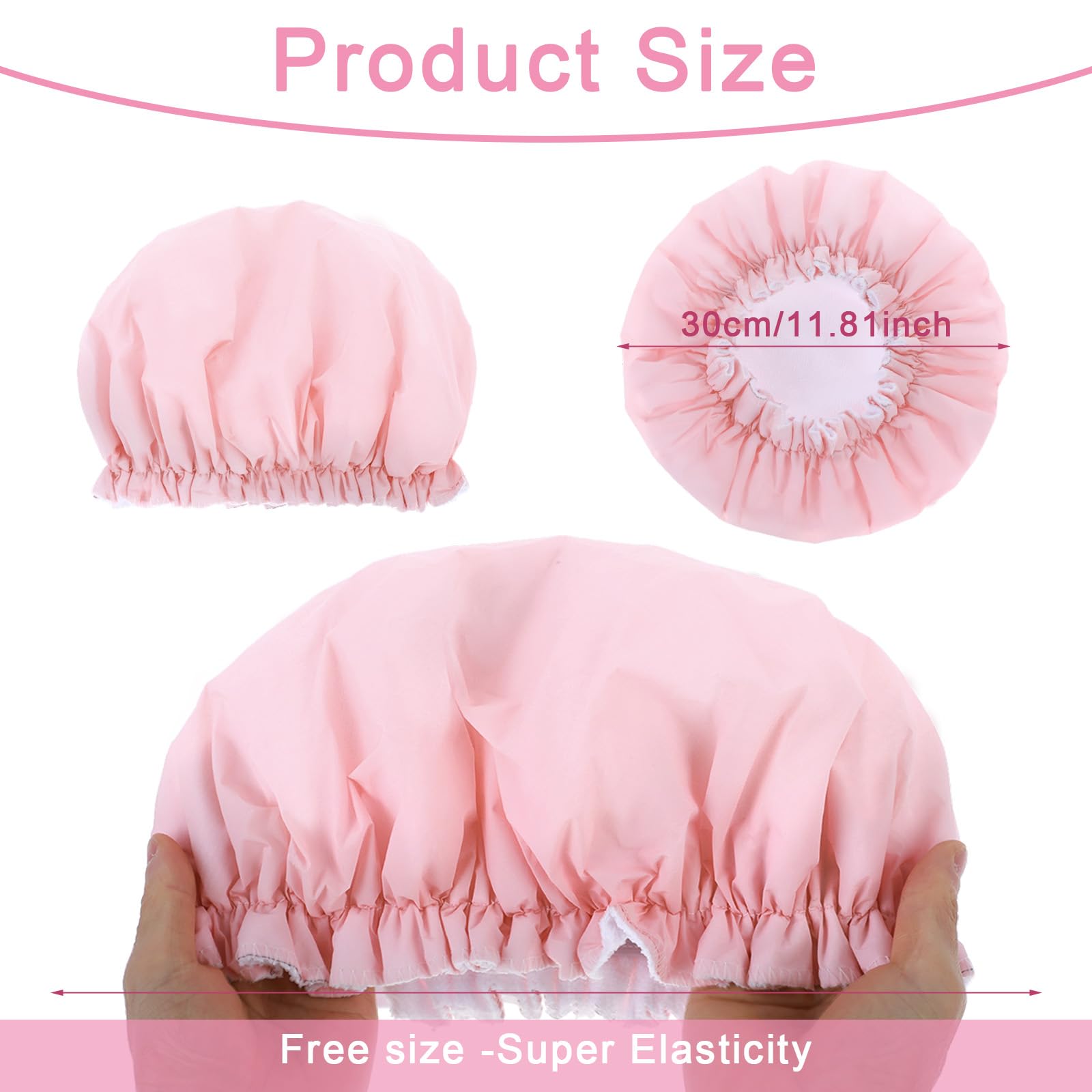 JIYIN Shower Caps for Women Terry Cloth Lined Shower Cap Double Layer Reusable Bath Cap Waterproof Elastic Band Hair Cap for All Hair Lengths for Women Spa Home Salon Use(Pink) - Image 2
