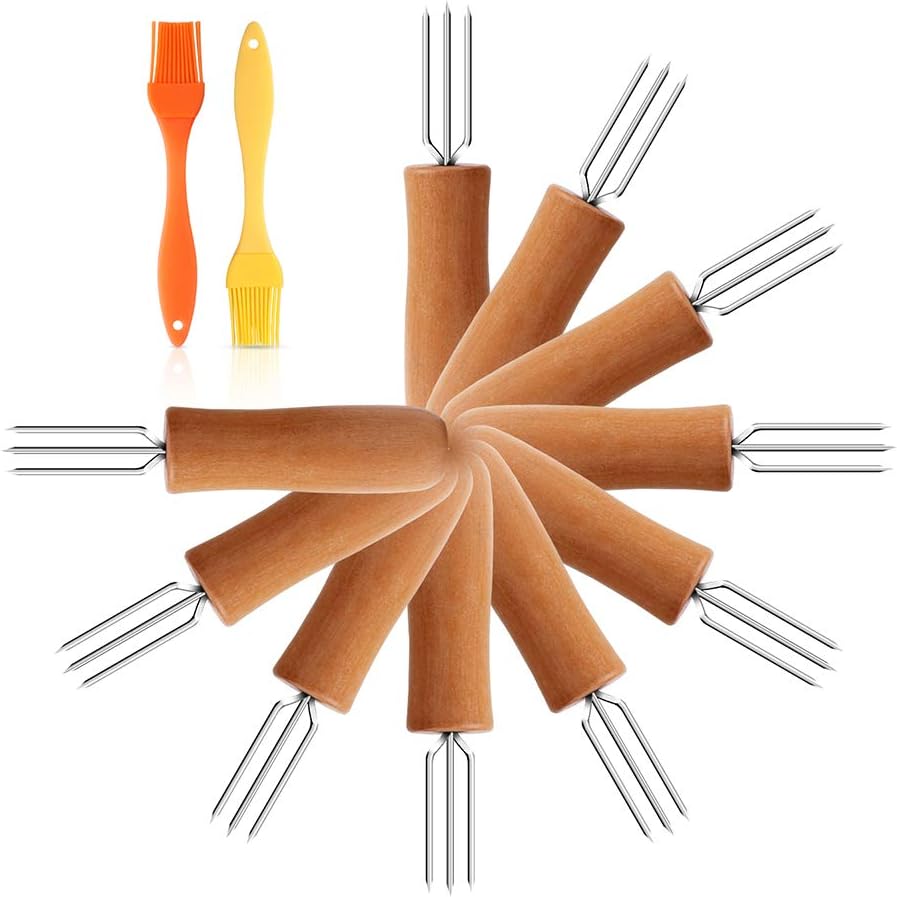 AUBBC Stainless Steel Corn Holders, Corn on The Cobb Holders with Long Oak Wood Handle & Silicone Basting Brushes for Kids and Adults Home Cooking and BBQ (4.5 Inches/Set of 12)