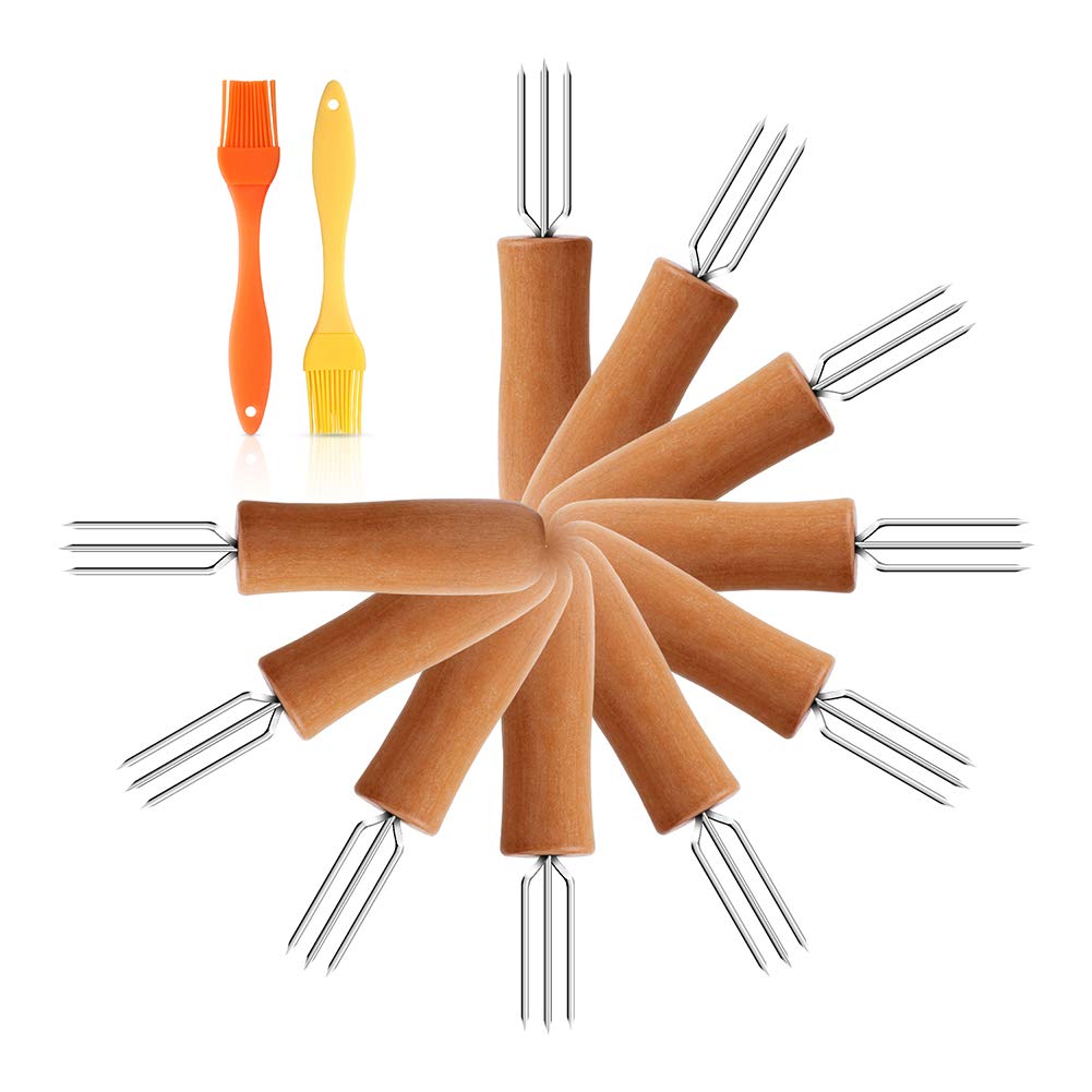 AUBBC Stainless Steel Corn Holders, Corn on The Cobb Holders with Long Oak Wood Handle & Silicone Basting Brushes for Kids and Adults Home Cooking and BBQ (4.5 Inches/Set of 12)