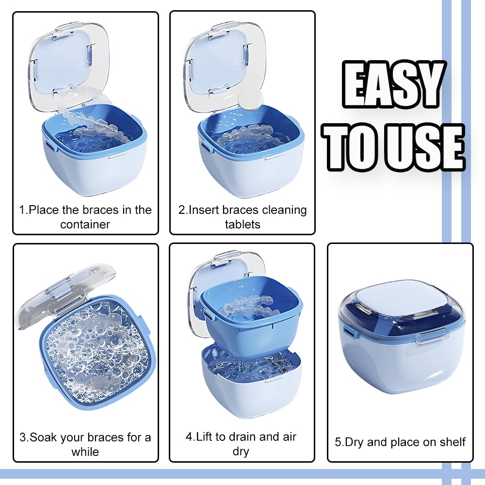 Denture Case, Retainer Cleaning Box, Large Capacity Denture Container Cup for Any Full and Partial Denture, Clear Dentures, Retainers, Night Guards (with Brush and Mirror)
