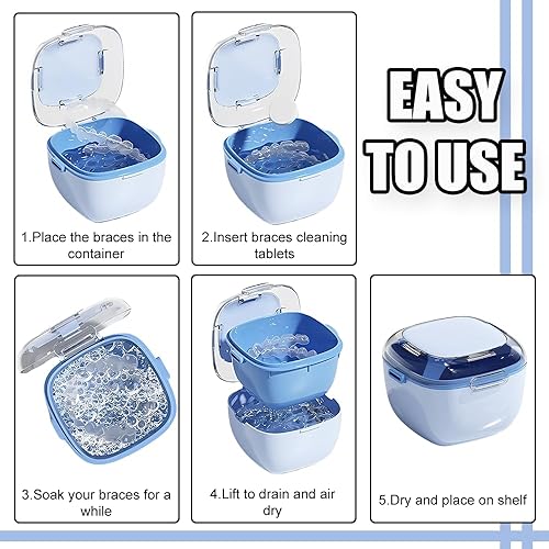 Miniatura 5 de Estuche de dentadura, caja de limpieza de retenedor, vaso de gran capacidad para cualquier dentadura completa y parcial, dentaduras transparentes,