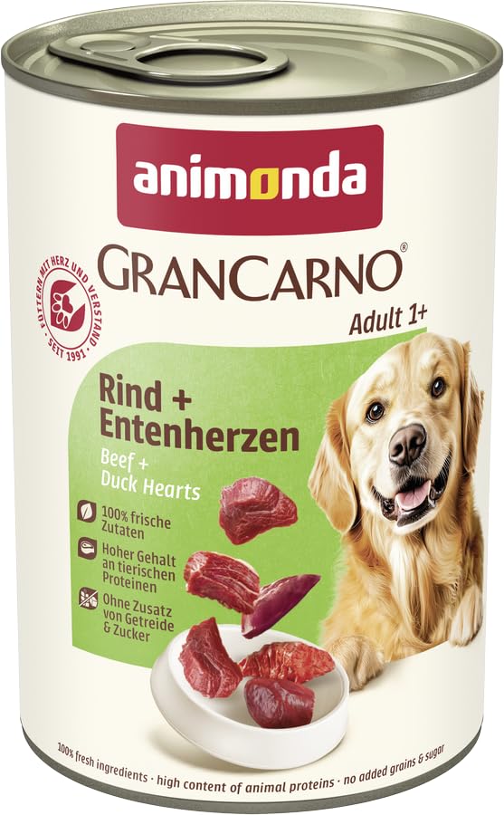 animonda GranCarno Hunde Nassfutter mit Rind + Entenherzen (6 x 400 g), getreidefreies Hundenassfutter ohne Zucker, für ausgewachsene Hunde, mit frischen fleischigen Zutaten
