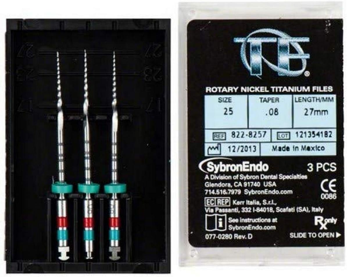 SybronEndo 822-8257 Twisted NiTi Endo File, 25 Tip Size, 0.08 mm Taper, 27 mm Length, Red, Pack of 3 (Pack of 3)