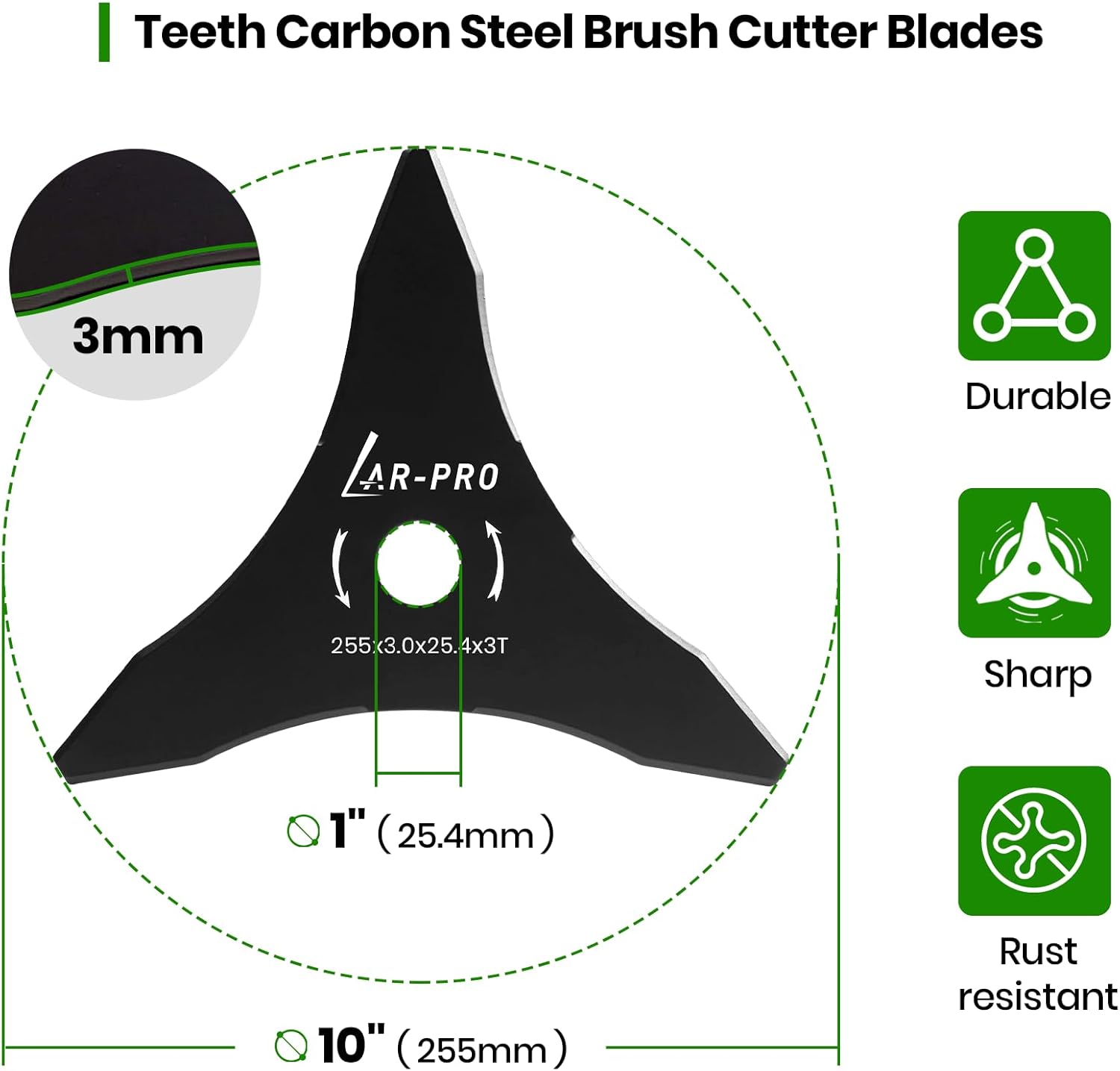 AR-PRO (2-Set) 10" x 3T Steel Brush Blades – 2 Blades, 2 Washers and Adaptor Kit | for Cutter, Trimmer, Weed Eater | Made from Carbon Steel, Cuts Like Butter