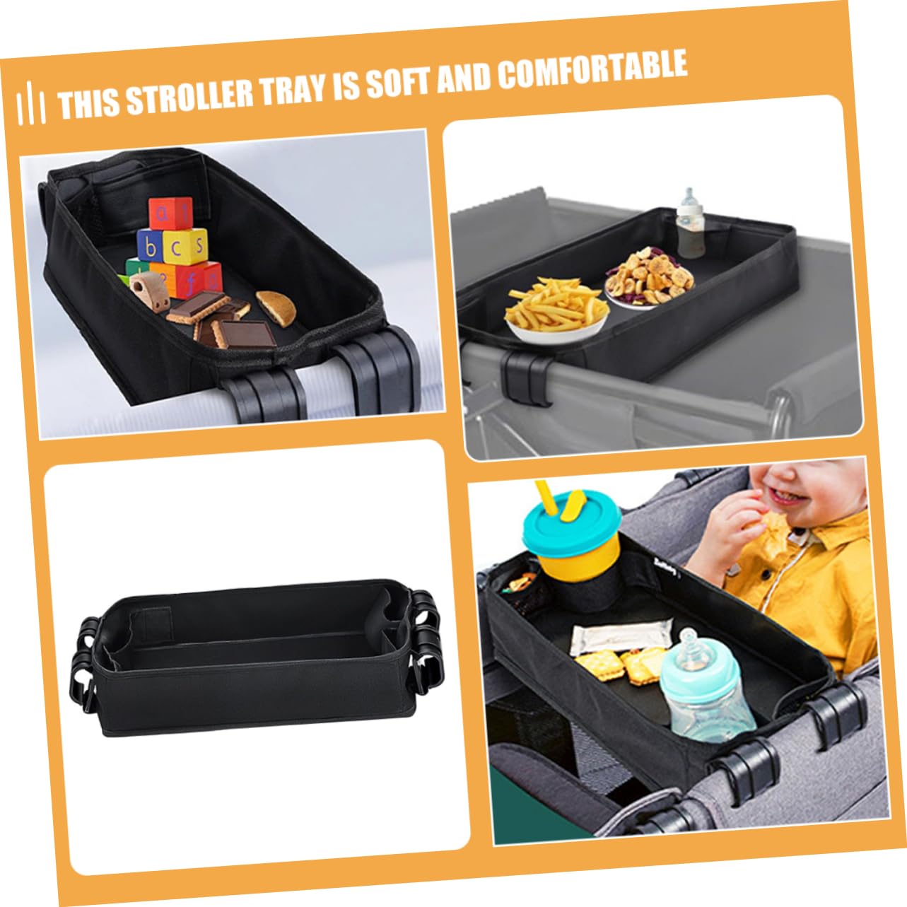 Kinderwagen Snacktablett aus Canvas, Stabil und Einfach Anzuklemmen | Unterwegs und Reisen, Fächer für Essen, Getränke und Kleinigkeiten, Kompakte Aufteilung mit Zubehörfach