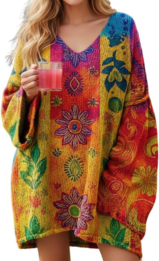 TIAFORD Boho V Neck Oversized Dress for Women 2026 Spring Multicolor Abstract Floral Printed Loose Long Sleeve Tunic Tops