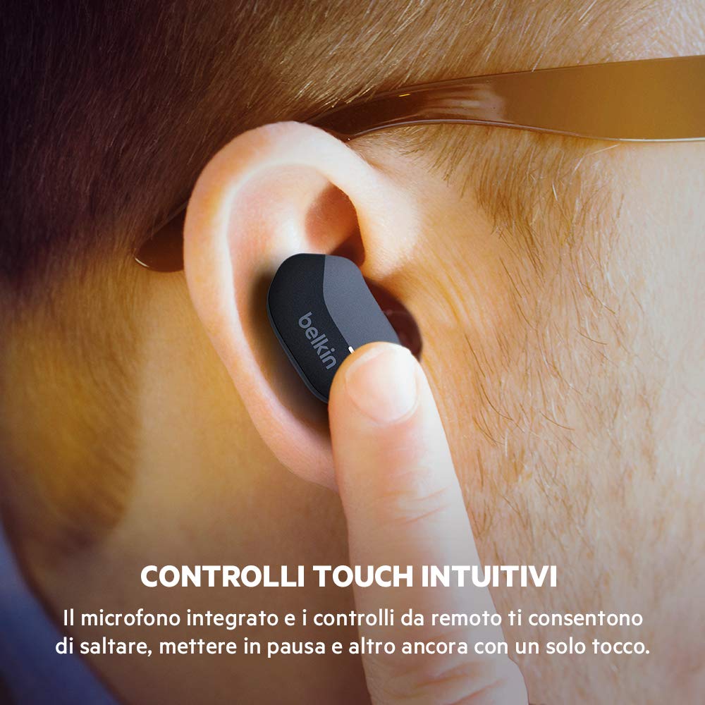 Belkin SoundForm Auricolari true Wireless (Cuffie Bluetooth per iPhone, Samsung, Google, controlli touch, Custodia di Ricarica Portatile, riproduzione 24 ore, isolamento rumori, anti-sudore) Nero