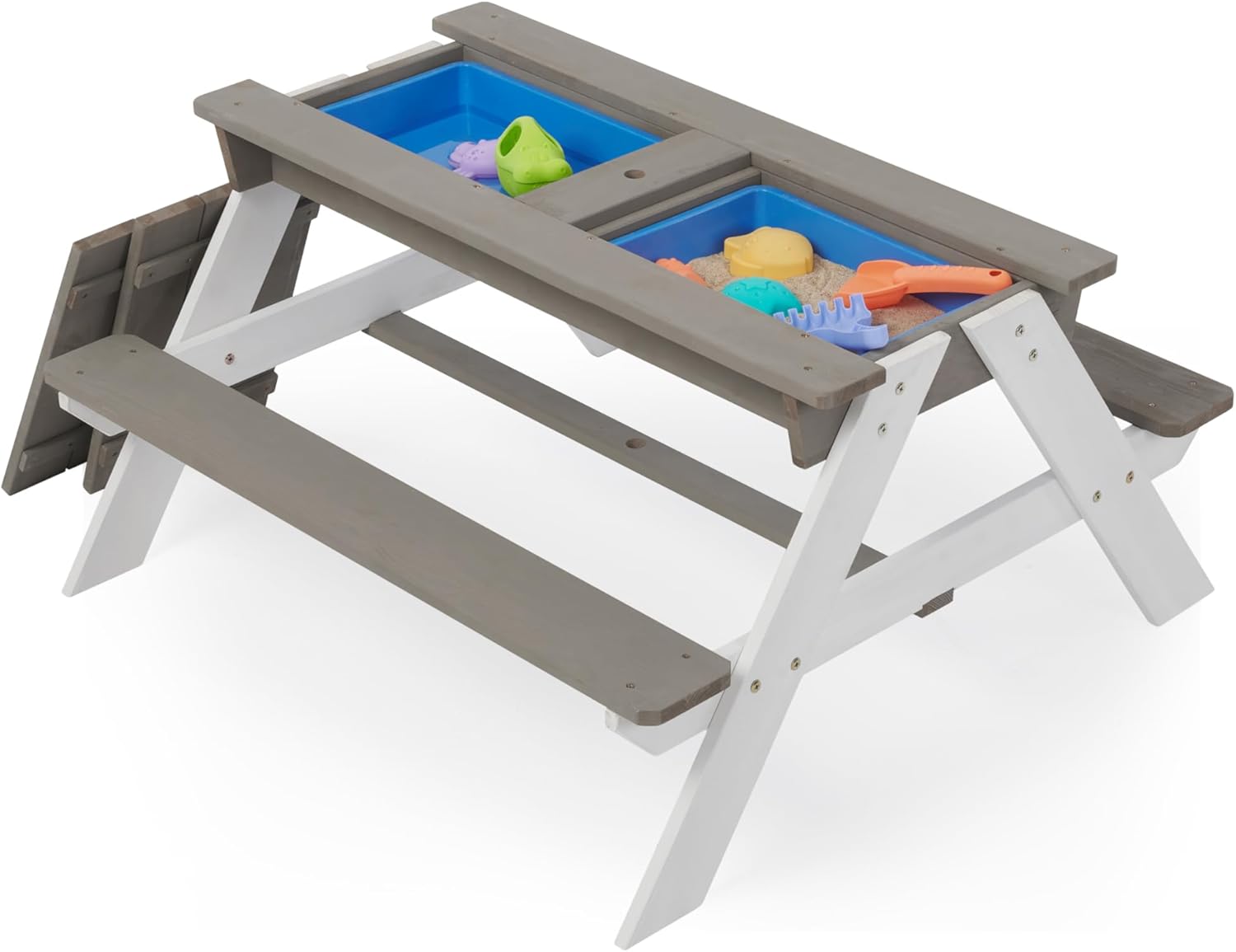 37" Kids Outdoor Wooden Picnic Table, 3-in-1 Wooden Table Chair Set with Removable Umbrella for Garden, Beach, Backyard, Porch, Patio (Grey)