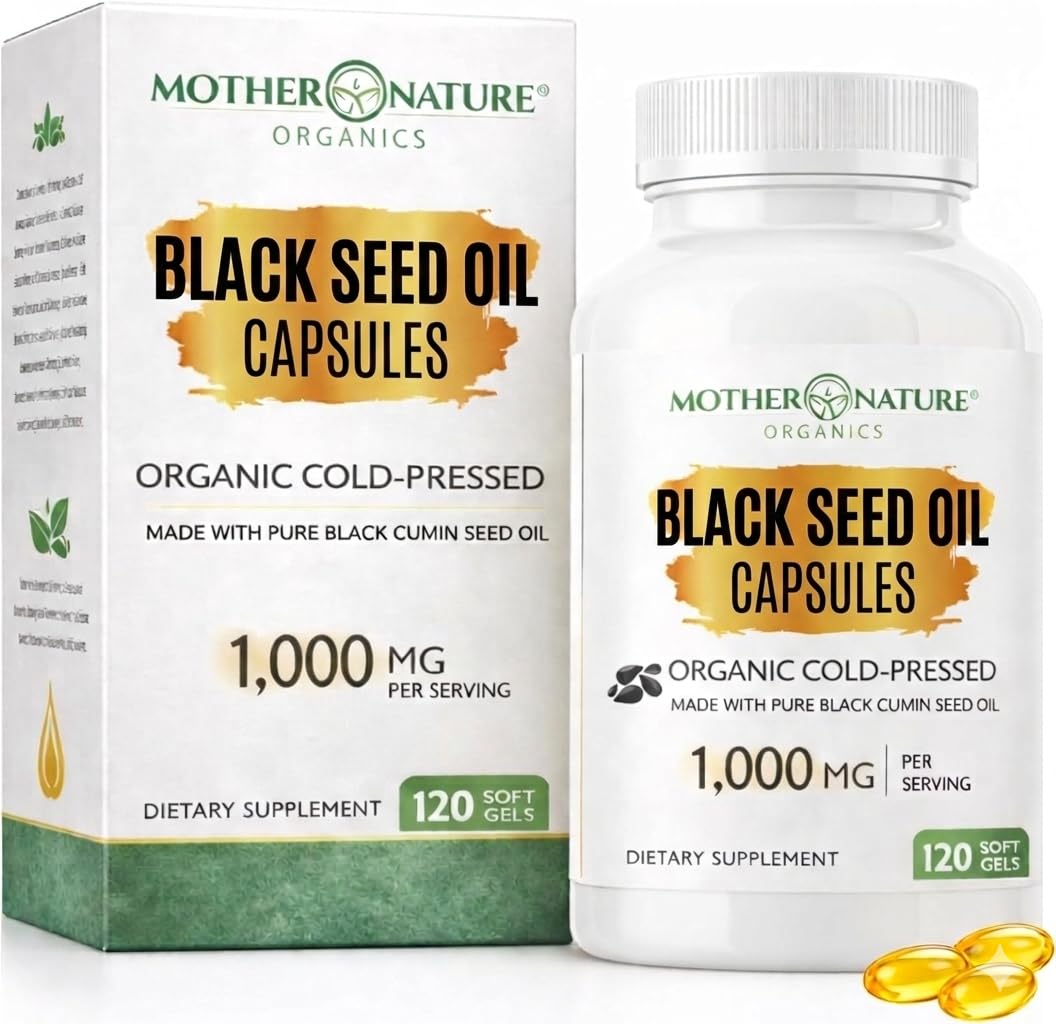 Mother Nature Black Seed Oil Capsules - Organic Cold-Pressed Cumin Nigella Sativa - Blackseed Liquid Cumin Oil for Immune Support & Digestion - High Thymoquinone TQ with Omega 3,6, & 9 - (120 Caps)