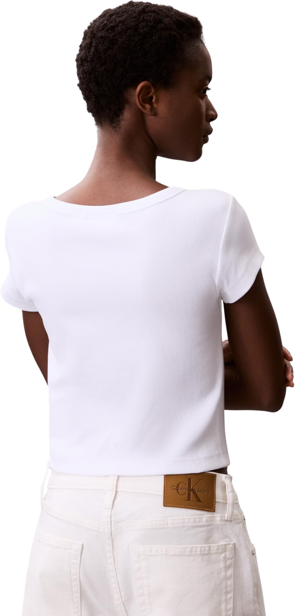 Calvin Klein Damen T-Shirt Kurzarm Woven Label Rib Baby Tee mit Rundhalsausschnitt