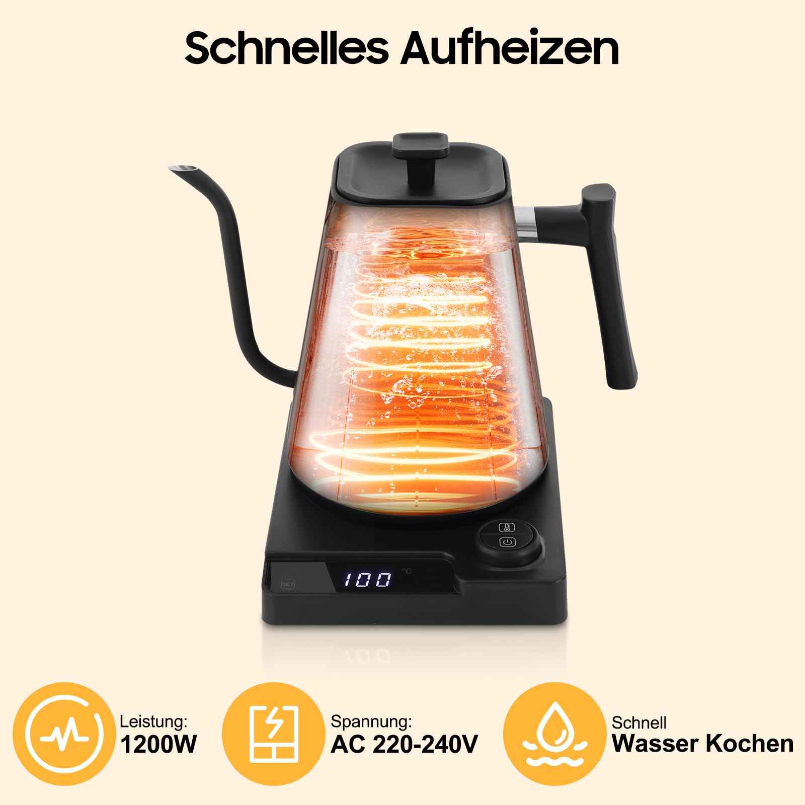 Hervidor eléctrico de cuello de cisne, 1 L, con indicador LED y función de mantenimiento del calor, ajuste de temperatura 40 – 100 °C, acero inoxidable, color negro