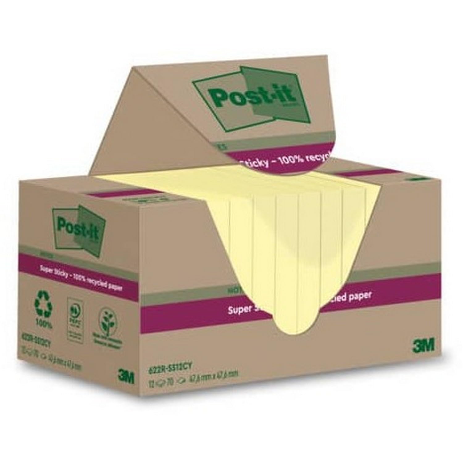 Haftnotizen 3M Post-it 622, recycelt, 47,6x47,6mm, 70 Blatt, gelb, 12 Stück
