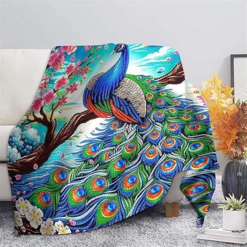 Couverture plaid paon 3D grand format 200x230cm en microfibre douce pour lit
