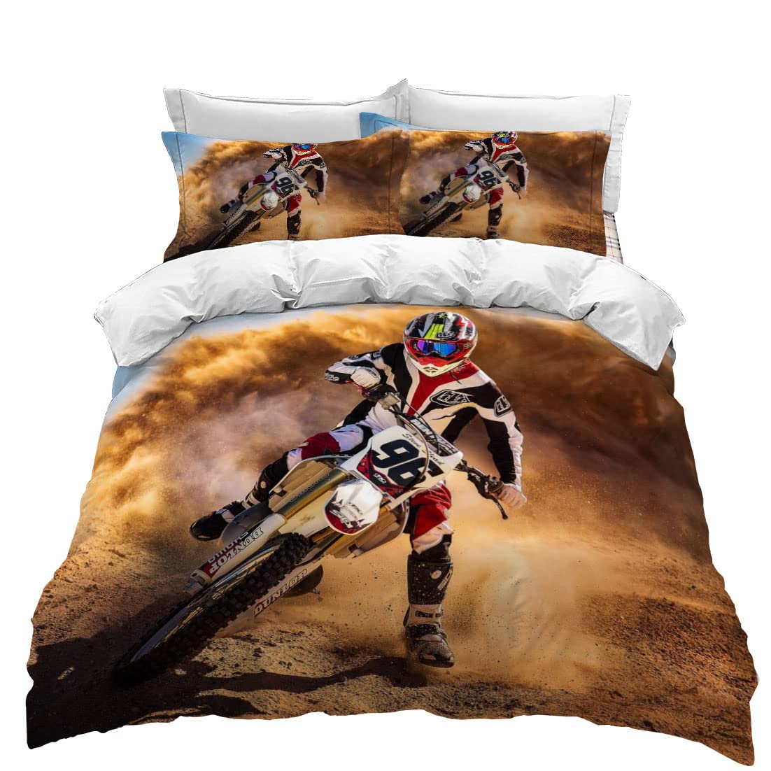 Housse de couette garçon moto lit 2 places avec taie d'oreiller 3 pièces 200x200