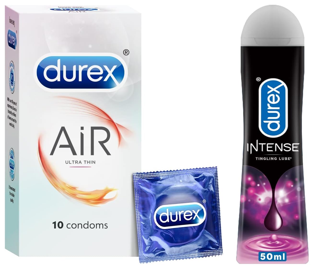 Durex Lube Intense Lubricant Gel For Men & Women - 50ml | Water Based Lube & Durex Air Condoms for Men - 10 Count | Suitable for use with lubes & toys COMBO-picture-18