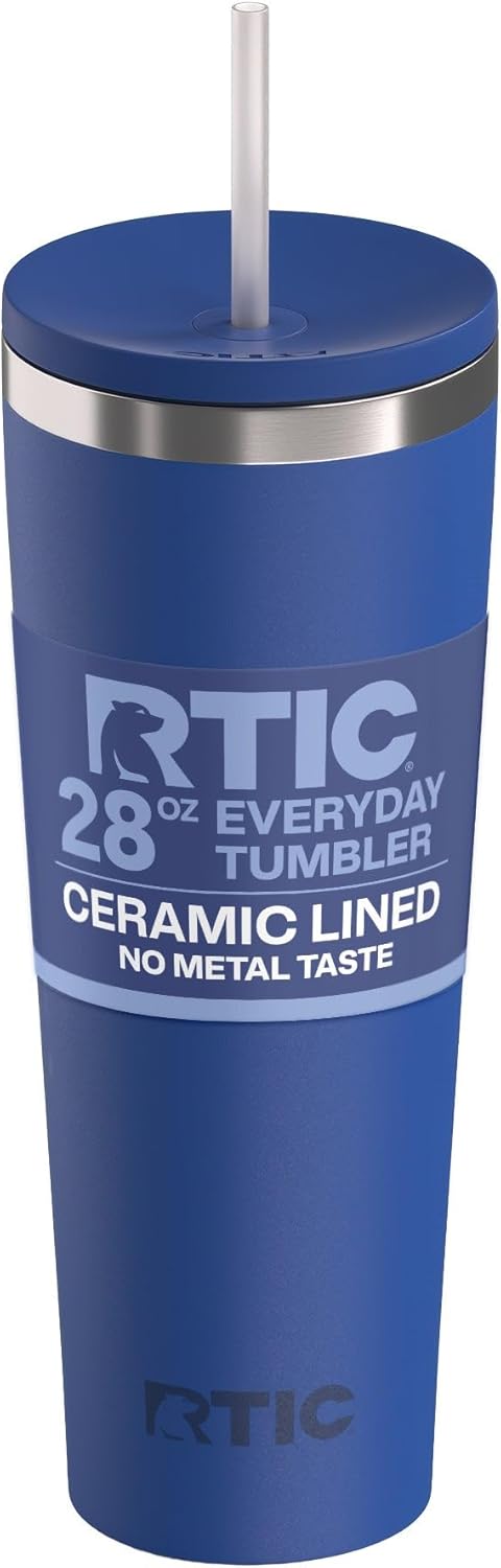RTIC 28oz Everyday Tumbler Insulated Stainless Steel Portable Travel Coffee Cup with Straw, Ceramic Lining, Spill-Resistant Lid, BPA-Free, Hot and Cold Drink, Beach