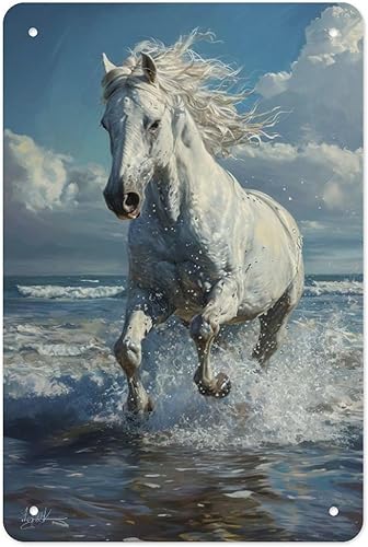 Horse Galloping through Ocean Waves Metal Tin Sign Wall Decor Retro Sign for Home Living Room Bedroom Coffee Wall Decor Halloween Christmas Gifts