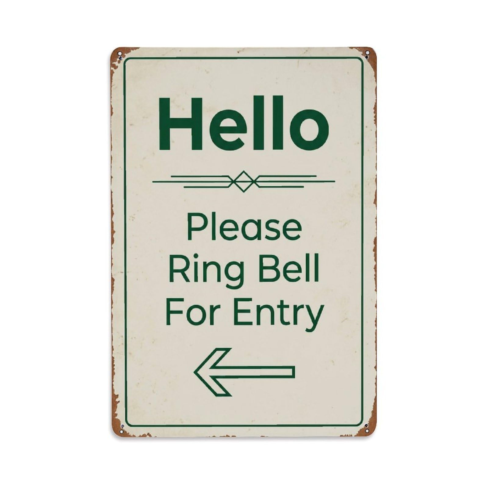 Metal Tin Sign Vintage Hello Please Ring Bell For Entry Arrow Geometric