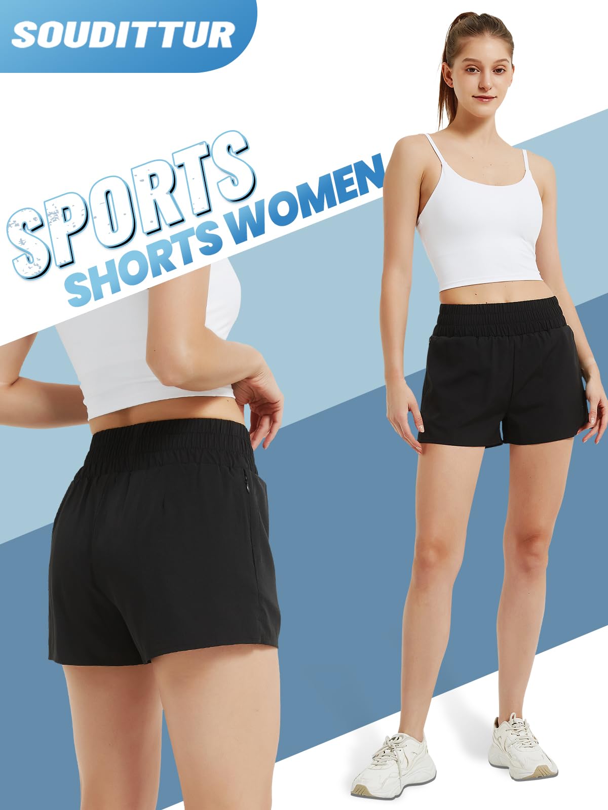 Soudittur Damskie spodenki do biegania, damskie spodenki sportowe 2 w 1 z kieszeniami, szybkoschnące na plażę, lato, siłownia, joga, fitness