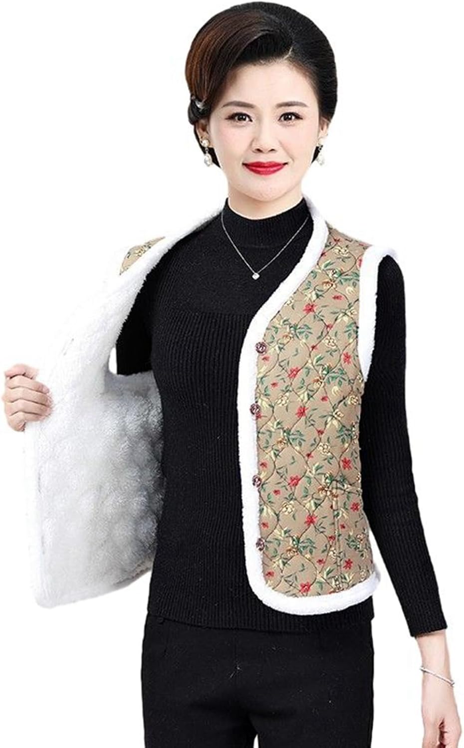 [RAMEMO] 中綿ベスト 中華服 チョッキ チャイナジレ 前開き 花柄 総柄 漢服 伝統服 中年 高齢者対応 立ち襟 春秋冬 チ