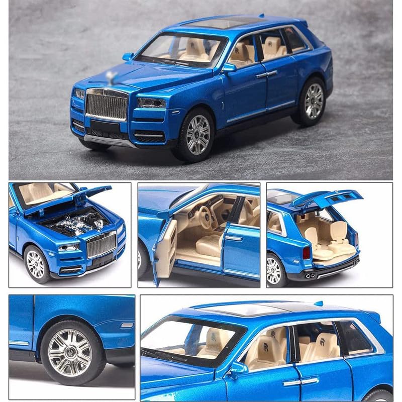 Image of New 1:24 RR Cullinan Diecast Alloy Metal Pull Back Car with Openable Doors Music Sound and Light Vehicle Toy Car for Kids Boys (Blue)