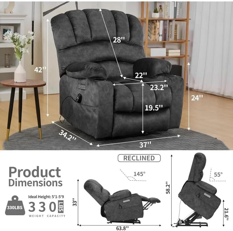 Large Fabric Electric Lift Recliners Chairs for Elderly, Spacious Living Room Recliner Sofas with Heated and Massage, Upgraded Lift Chairs Recliners with Side Pockets Cup Holders - Image 3