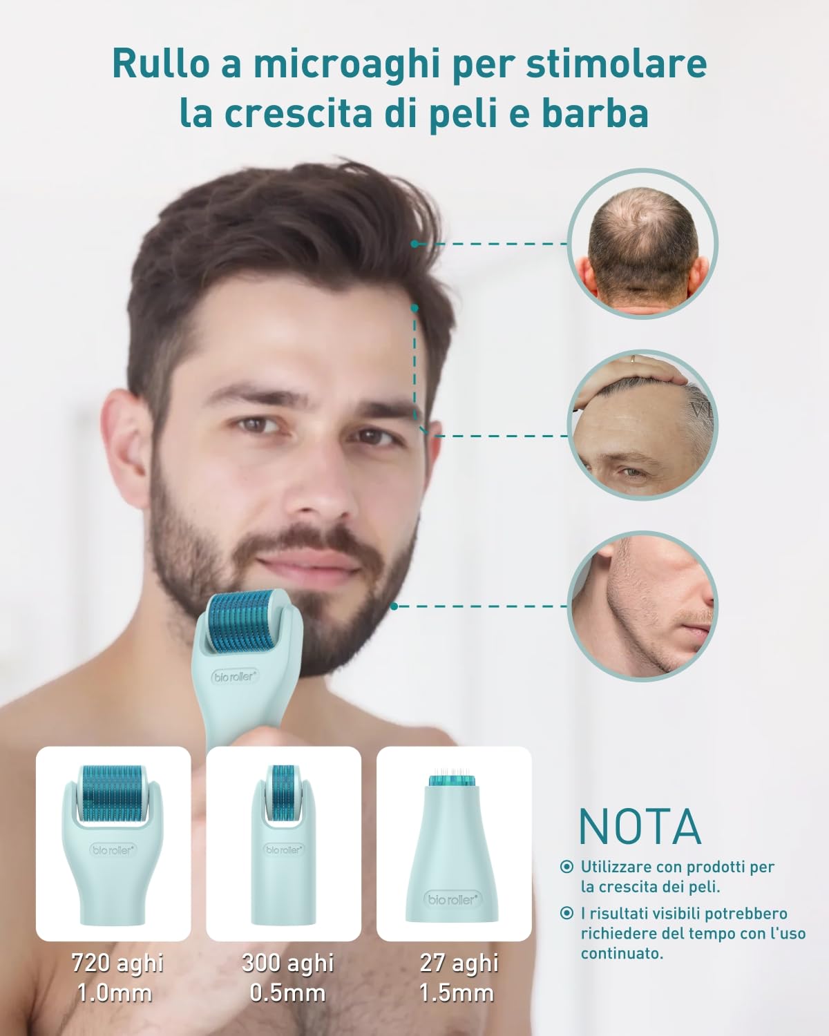 Derma Roller 1,5 mm/1,0 mm/0,5 mm, Kit Microneedling 10 in 1 per cura della pelle/massaggio/pulizia, Beard Roller 720 Ago di Titanio, Rullo a Microneedling per rughe, smagliature e cicatrici