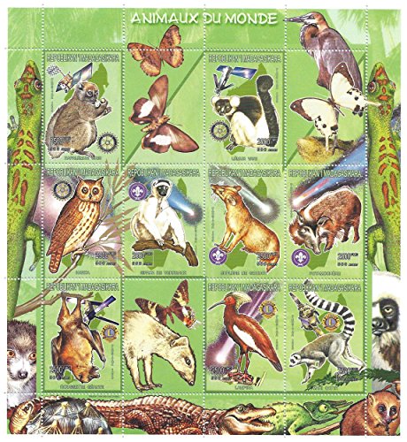 Gli animali della grande natura da collezione mondo e foglio di francobolli fauna che caratterizzano uccelli, mammiferi, rettili e insetti / 12 francobolli / Madagascar
