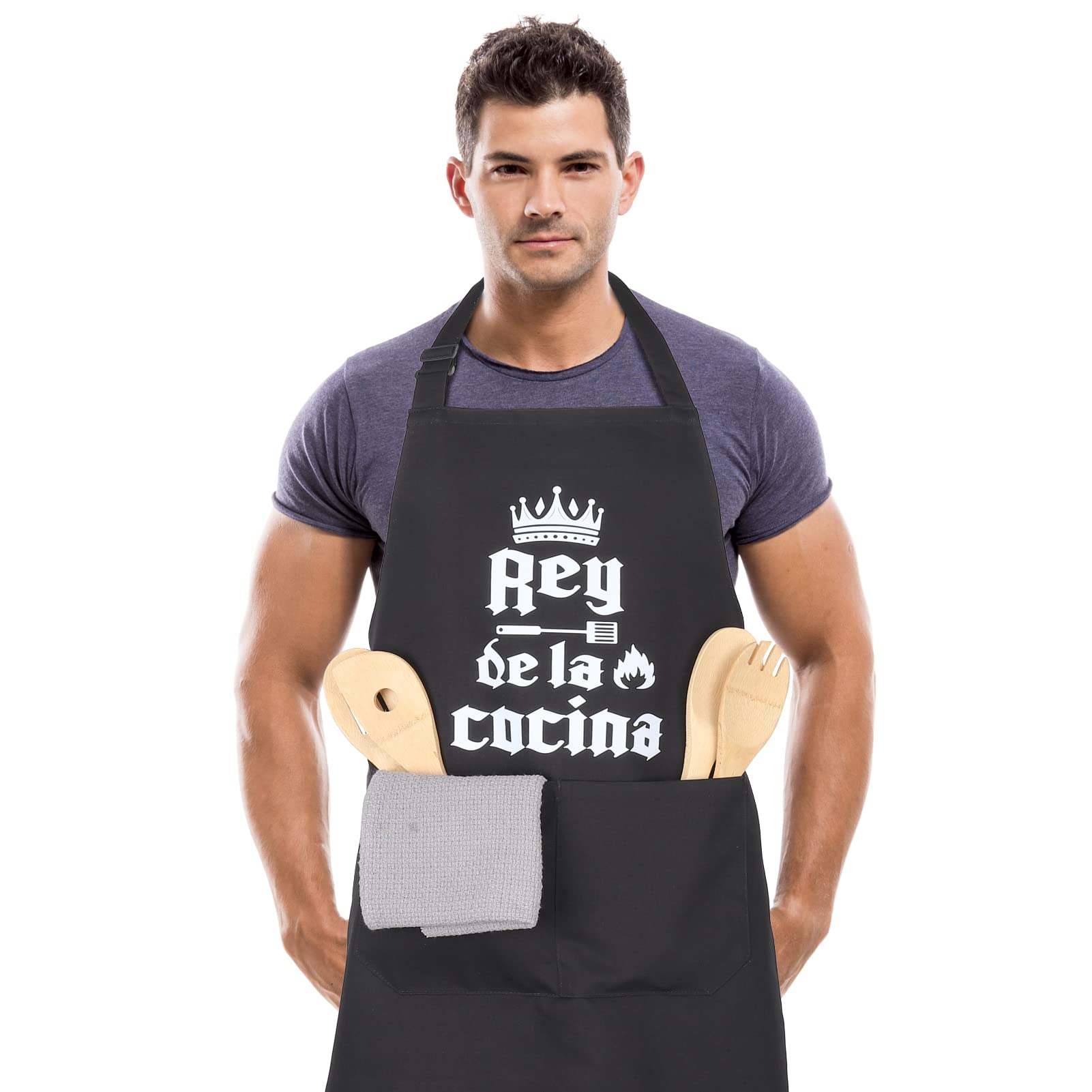 FRIUSATE Delantales de Cocina Hombre Ajustable Delantales de Cocina con Bolsillo Impermeables Aprons Negro Delantal para Papá, Esposo, Abuelo, Novio