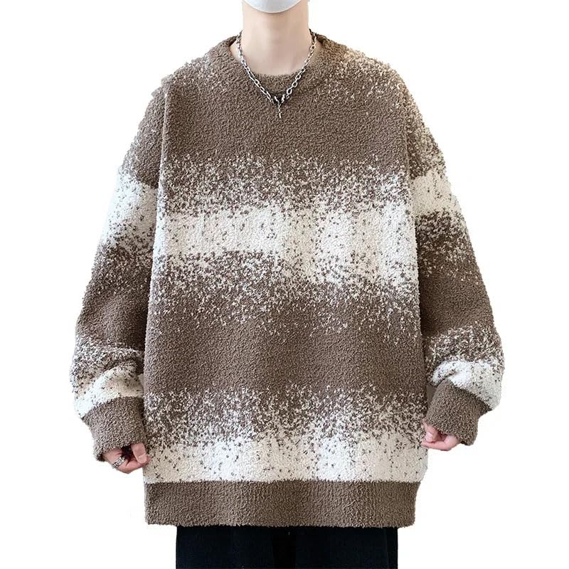 Men's Block Knit Sweater, Gradient Crew Neck Pullover, Loose Fit Casual Autumn Winter Warm Knitted Wear3