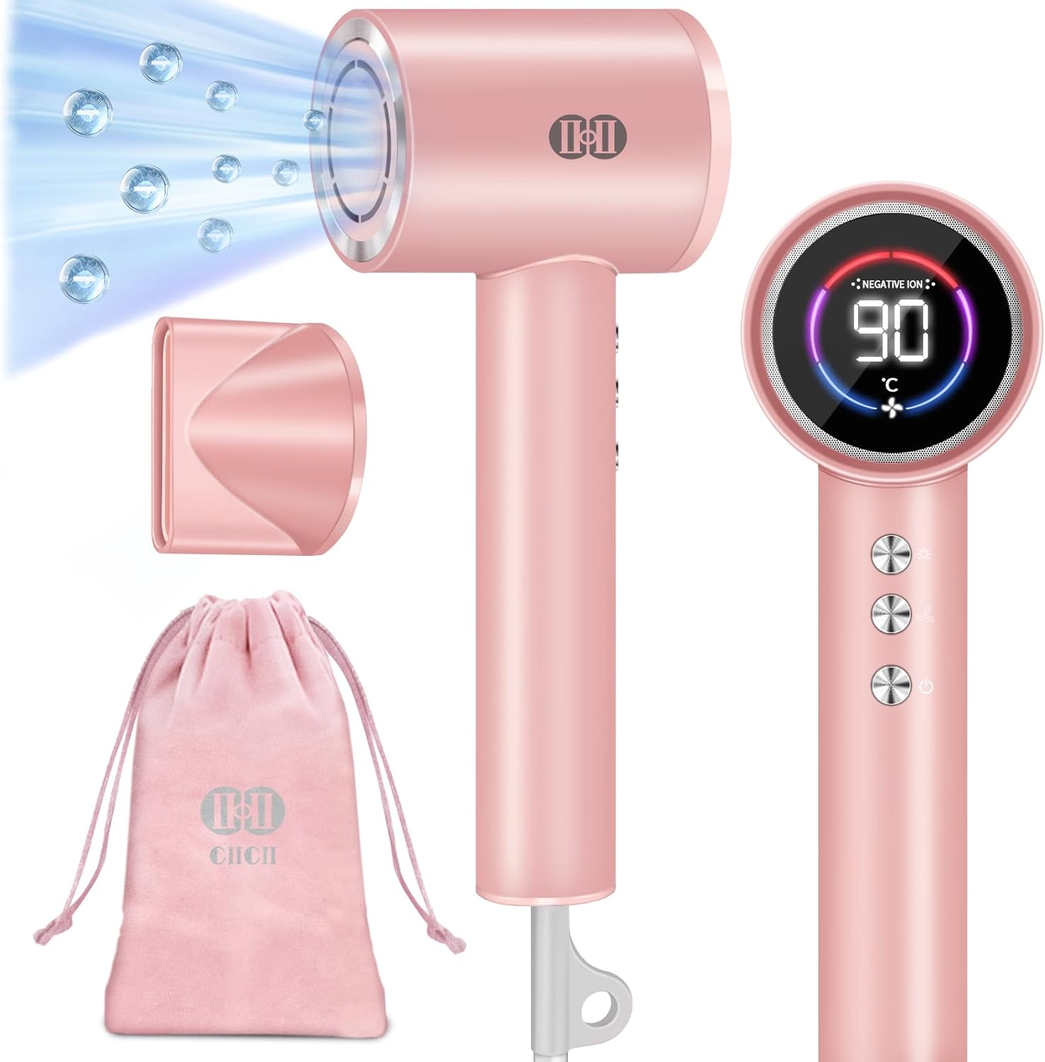 CIICII Ionic Haardroger Professioneel, 120000RPM High Speed föhn (1600W Borstelloos / 3-Snelheden / 5-Temp & HD-Display & Draagbare Reistas) Sneldrogende Haardroger voor Thuis Kapsalon (Roze)