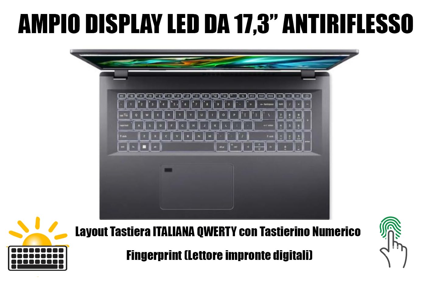 Acer Aspire 5 Pc Portatile 17,3", Notebook i7-1355u, RAM 32Gb, SSD 1Tb, Laptop con RTX 2050 (4Gb DDR6), FHD IPS 17.3", USB 3.2, Wi-Fi 6, Thunderbolt, FingerPrint, Win 11, Tastiera Retroilluminata